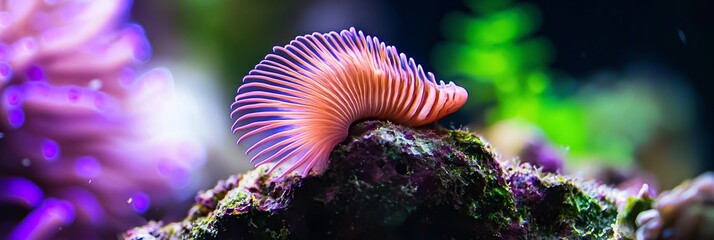Obraz premium A tight shot of a solitary sea anemone perched on a rock, surrounded by background figures of additional anemones