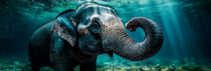  An elephant in the water with its trunk upright in the mouth