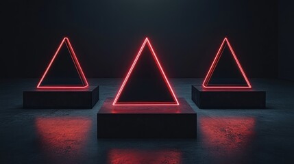 Three Red Neon Triangles on Black Platforms