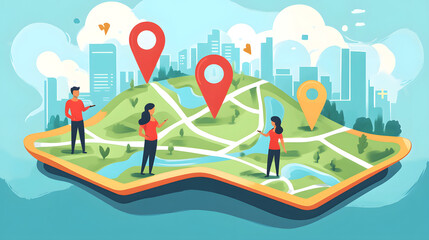 A group of people are standing on a map