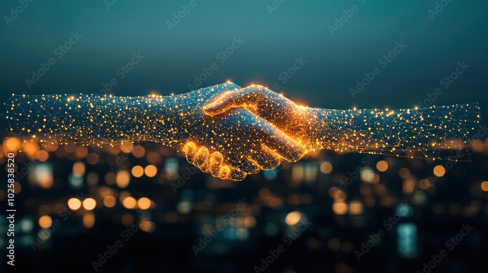Poster Digital Handshake with Networked Lines and Glowing Points