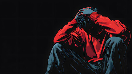 A man is sitting on the ground with his hands on his head