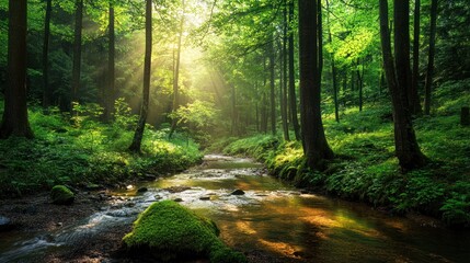 Obraz premium Sunlight beams through the trees illuminating a river running through a lush forest.