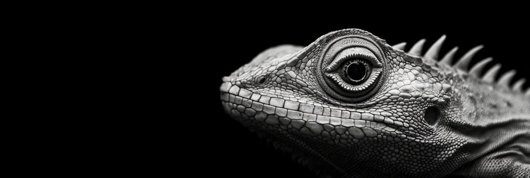  A black background conceals the surroundings, revealing a tight shot of an iguana's gripping face in black and white