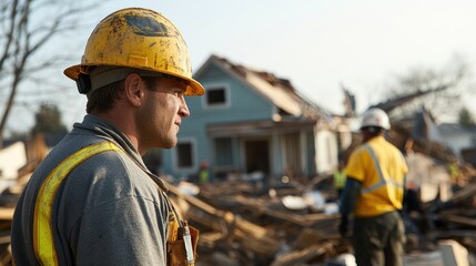 Fototapeta na wymiar A resilient construction worker for disaster recovery and rebuilding scene, showing workers helping communities rebuild homes and infrastructure after natural disasters, 