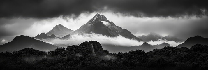  A black-and-white image of mountain ranges, cloudy sky above, and a waterfall in the foreground
