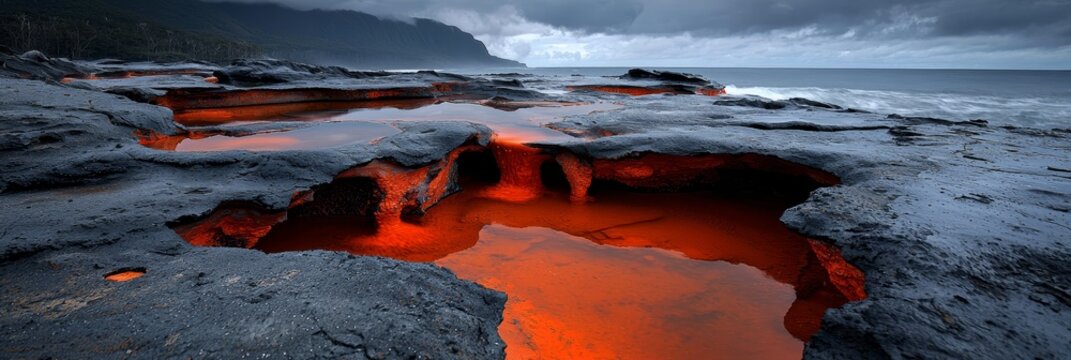  A body of water with rocks at its base and some submerged in its midsection