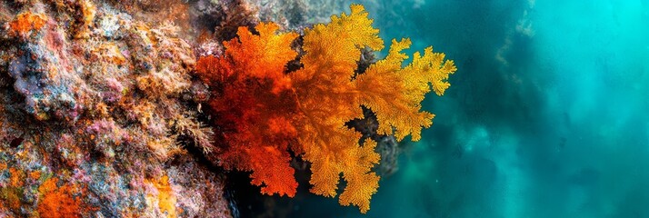  A tight shot of a vibrant coral against a backdrop of reef and translucent water, with a foreground of unbroken, azure seawater