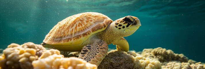  A tight shot of a sea turtle atop a coral reef, surrounded by various corals and algae in the backdrop