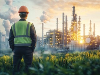 A scene highlighting industry engineers with eco-friendly practices, implementing energy-efficient production methods, reducing emissions, and ensuring sustainable resource use