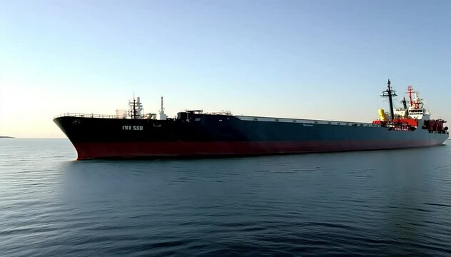 A giant oil tanker drifting quietly through open waters, with waves gently lapping against its hull and no human activity in sight.
