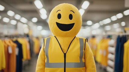 Safety Mascot Leading Factory Workers to Wellness: Playful Guidance for a Secure Work Environment