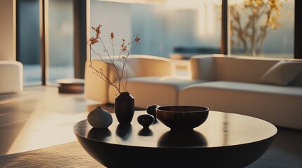A serene, high-end minimalist home with elegant design and luxury furnishings, symbolizing how saving can still allow for luxury, 