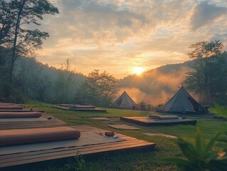 A serene scene of camping retreats for yoga and meditation, with outdoor yoga sessions at sunrise, meditation areas, and tranquil natural surroundings designed for relaxation and mindfulness