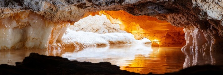  A cave filled with much water, adjacent to a large rocky cavern illuminated by a light at its endpoint