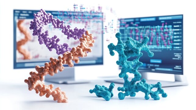 A set of protein structure analysis tools, with software interfaces showing structural alignment, molecular docking, and binding site identification