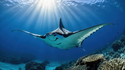 Naklejka premium Beautiful image of a mantarraya (stingray) swimming in crystal-clear waters above a coral reef, with sunlight streaming through the ocean. Ideal for nature, marine, and underwater photography themes