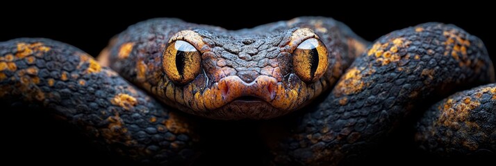 Fototapeta premium A tight shot of a snake's visage, adorned with orange and black markings around its face and eyes