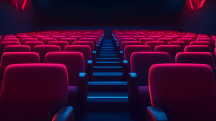 Obraz premium A movie theater with rows of red seats