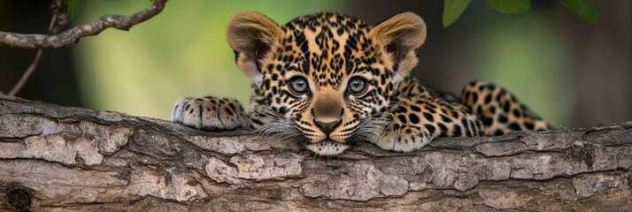 Fototapeta premium A tight shot of a small leopard on a tree branch against a softly blurred backdrop, featuring a nearby tree branch in sharp focus