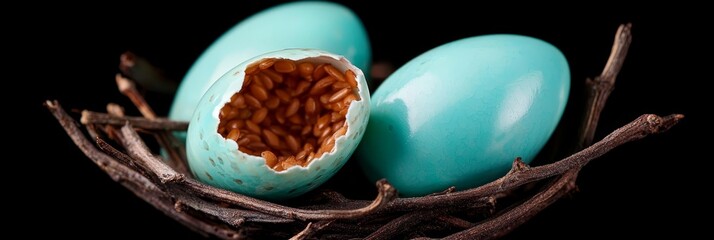  A tight shot of two eggs in a nest, surrounded by brown beans, against a black backdrop