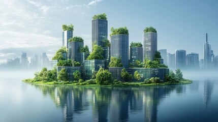 Obraz premium A smart city designed for climate-resilient infrastructure, with flood-resistant buildings, green roofs, and sustainable water management systems, adapting to climate challenges