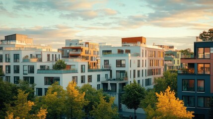 A smart city focused on affordable housing solutions, featuring modern, energy-efficient apartment complexes integrated with smart technologies for cost-effective living