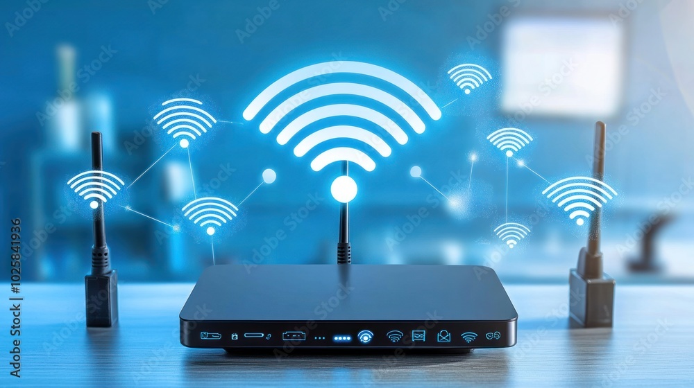 Poster wireless router with glowing wifi icon and antennas on a table