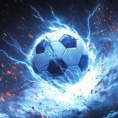 Fototapeta premium A soccer ball is surrounded by a storm of sparks and fire