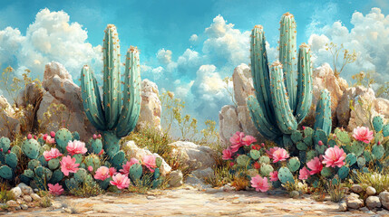 Hand-drawn Watercolor Cactus Painting Background in Low Resolution Version 2