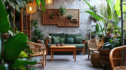 A stylish coffee shop background with featuring recycled furniture, eco-friendly materials, and natural elements like bamboo and wooden textures, emphasizing environmental consciousness