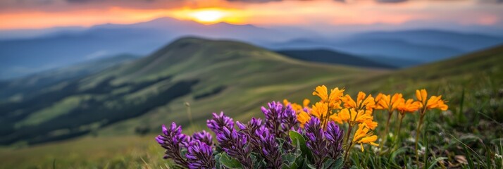 Fototapeta premium Wildflowers in foreground, mountain range in background, sunset behind