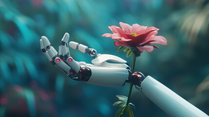 A robot hand holds a digital flower. It's a modern Valentine's Day or International Women's Day card, using technology and artificial intelligence.