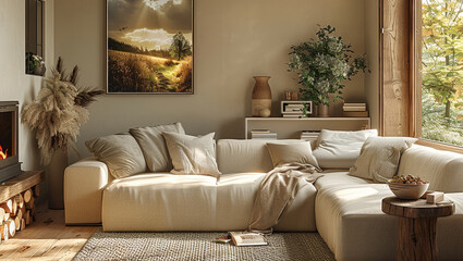 Fototapeta premium Cozy interior design living room in beige, wood and olive colors.