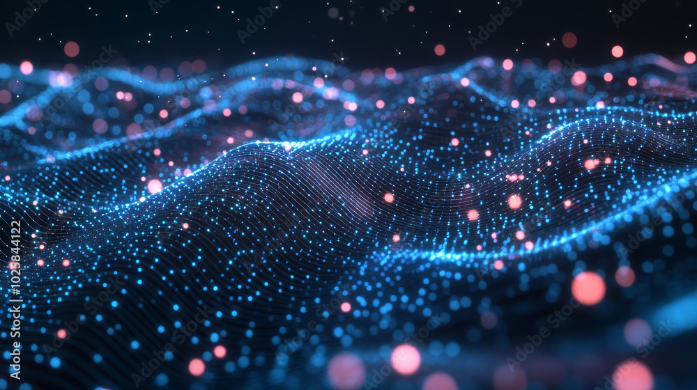 Poster a 3d grid filled with glowing dots and particles shows a visual representation of big data. the wavy