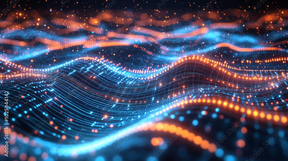 Poster a 3d grid filled with glowing dots and particles shows a visual representation of big data. the wavy