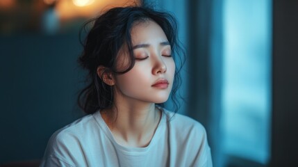 Obraz premium A thoughtful Asian person in mental health awareness campaigns, featuring a calm and reflective scene, with the subject in a peaceful, introspective pose,