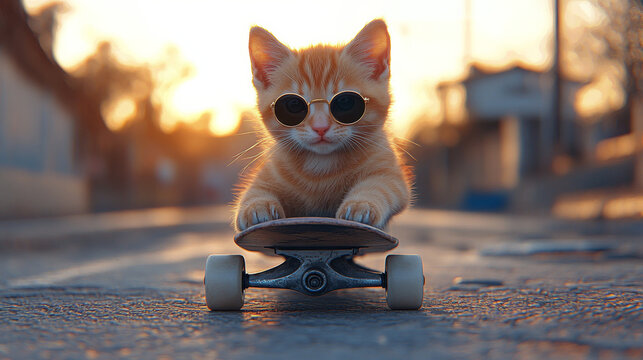 Cat riding on skateboard, happy hipster cute kitten skater wearing stylish sunglasses, sunset skate park background. Creative animal funny pet holiday maker concept 3d modern digital artwork