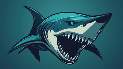 A fierce, detailed illustration of a great white shark's head with an open mouth and sharp teeth.