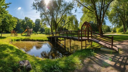 A wooden bridge spans a calm pond in a park, with a playground visible in the background, under a sunny summer sky.