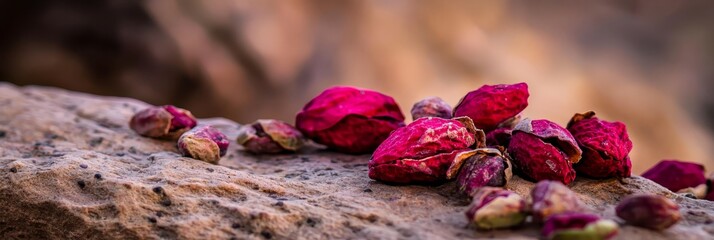  A tight shot of assorted flowers atop a rock, surrounded by more blooms on its side