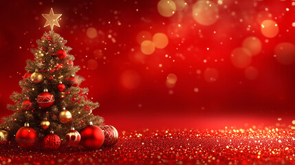 Christmas tree decorated and blur bokeh light in red background