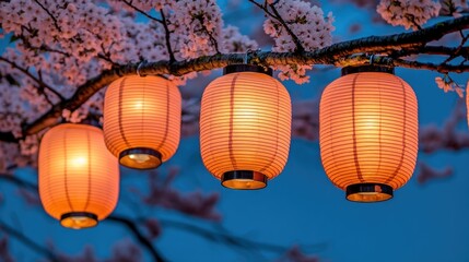 Illuminated Paper Lanterns Hanging from Cherry Blossom Branches