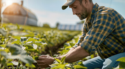 An agronomist in the field taking care of soybean plants with a solar power plant in the background.