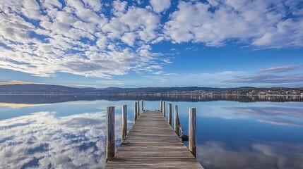 Fototapeta premium Wooden Dock Extending into Calm Water with Mountains and Clouds Reflected in the Surface
