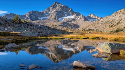 A tranquil mountain lake reflects the majestic peak under a clear blue sky.