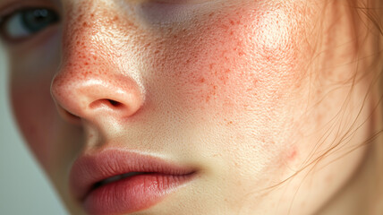 Close-Up of Woman with Rosacea, Redness and Small Blood Vessels.