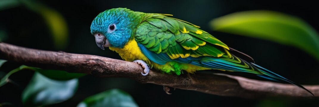  A vibrant bird perches on a tree branch, adjacent to a green and yellow foliage-covered branch In the backdrop, a dense, dark green leafy landscape prevails