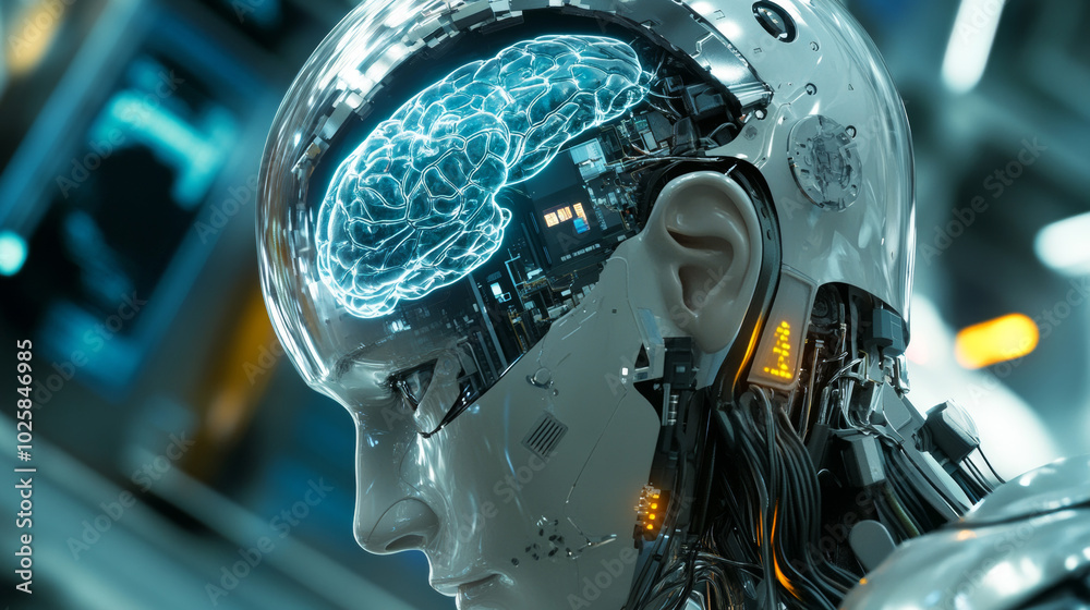 Poster a robot, with its head open, is getting a new brain. an artificial intelligence processor is being p