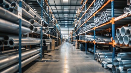 Obraz premium Rows of Metal Pipes in a Large Warehouse